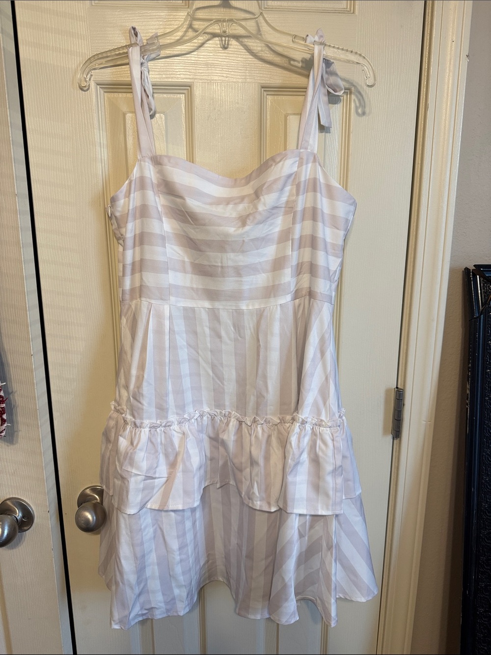 Beige White Striped Tie Strap Tiered Ruffle Mini Dress Size Large